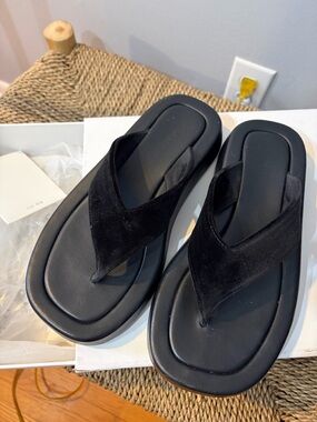 The Row Black Velvet Thong Sandals